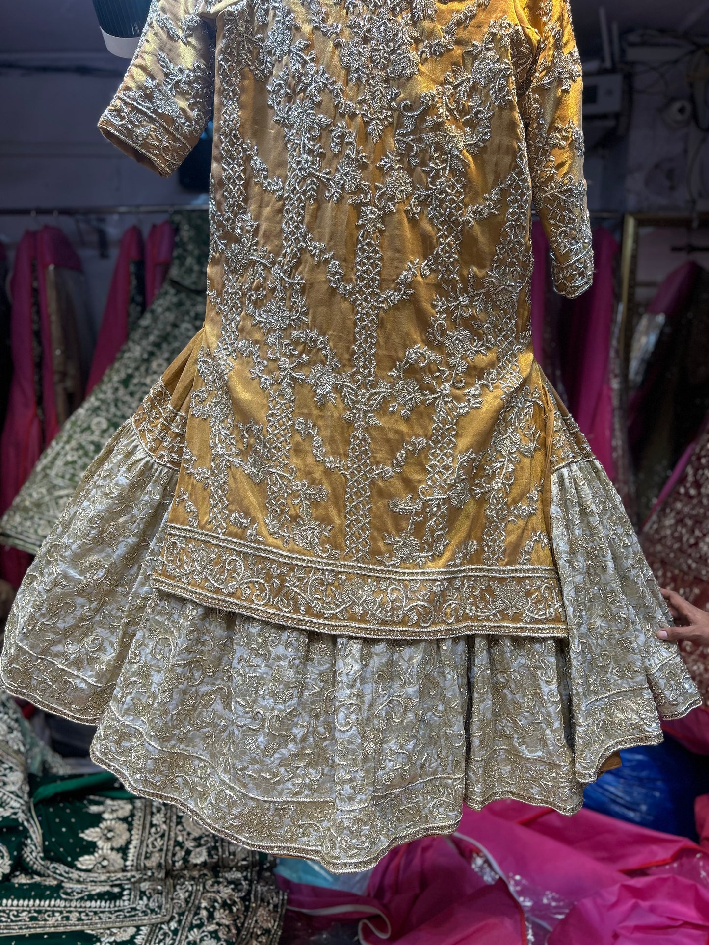Elegant golden mustard Handmade Zardozi Dabka Peplum long Dress Farshi Gaharara Pakistani Bridal Dress Muslim Special