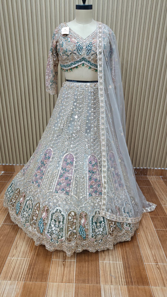 White Blue Crop Top Lehenga