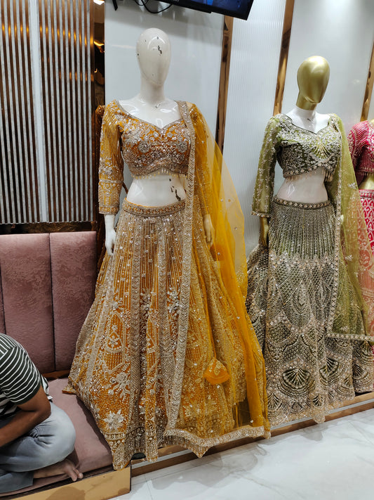 Majestic Mustard yellow Haldi mehendi crop top Lehenga
