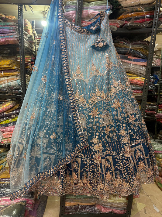 Embellished Blue Double Shade Crop Top Lehenga