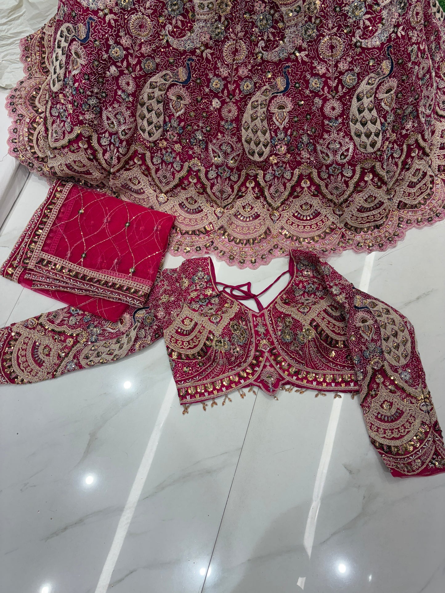 Good looking pink peacock crop top Lehenga