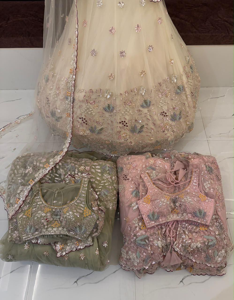 Golden pink green crop top Lehenga