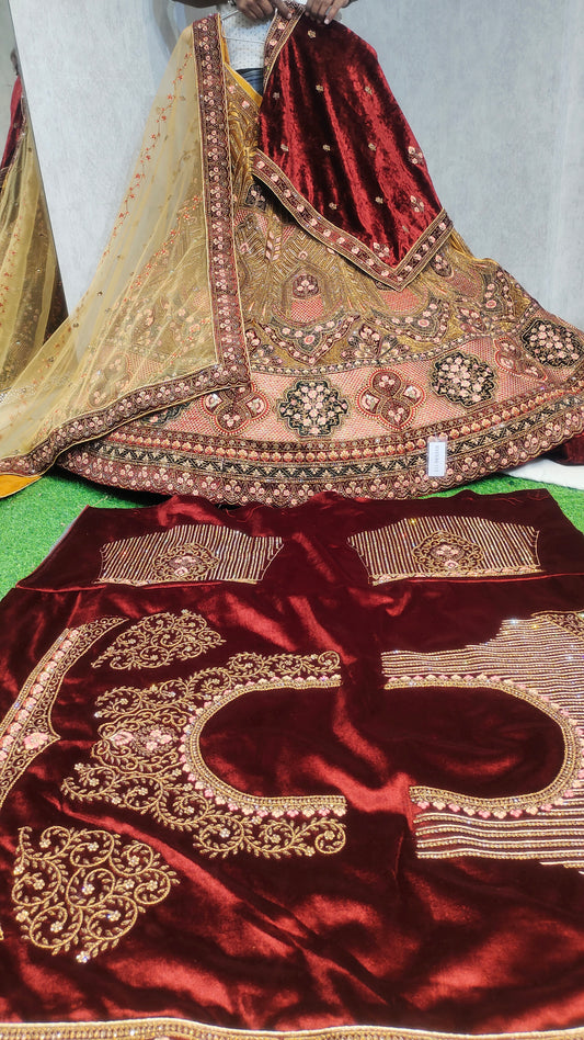 Bridal contrast heavy corset blouse maroon Lehenga