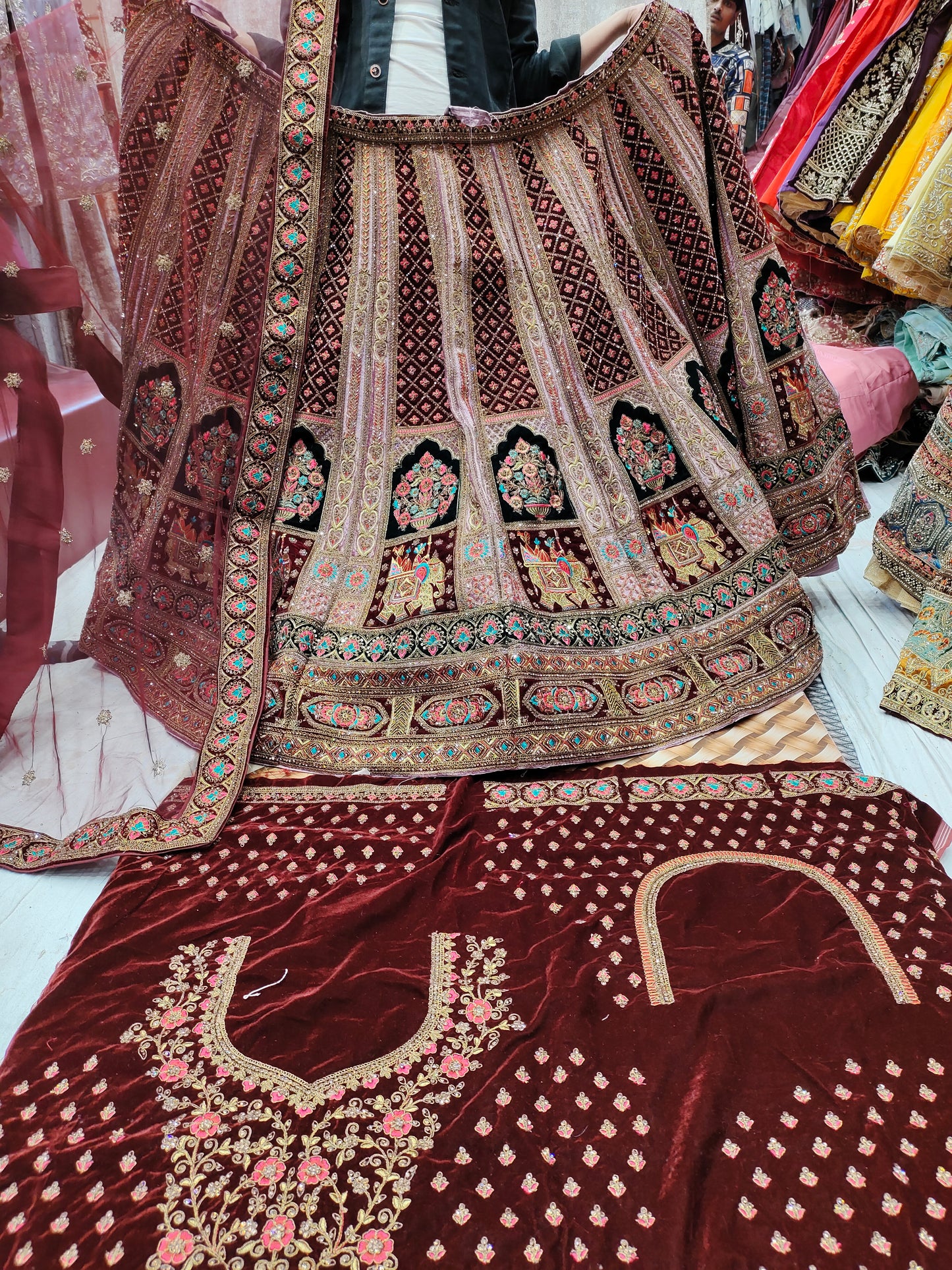 सुंदर लाल दुल्हन आकृति अवधारणा हाथी लेहेंगा