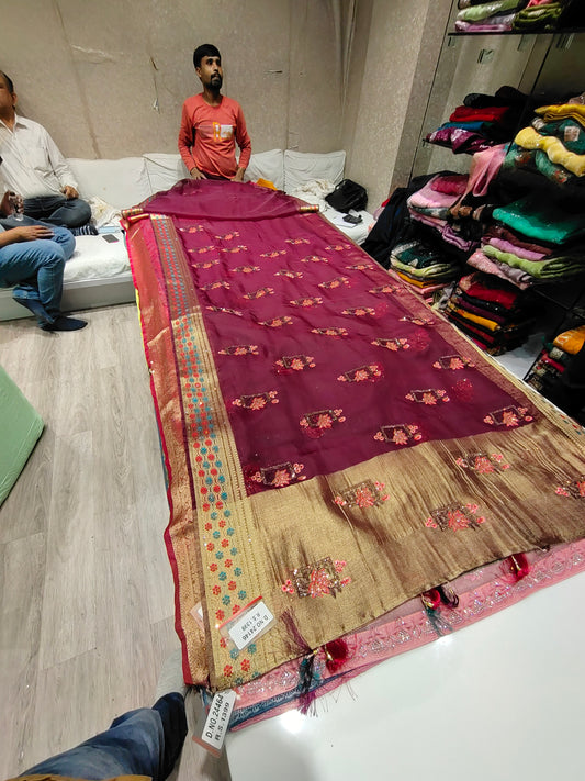 Lovely bandhani print purple maroon golden border saree