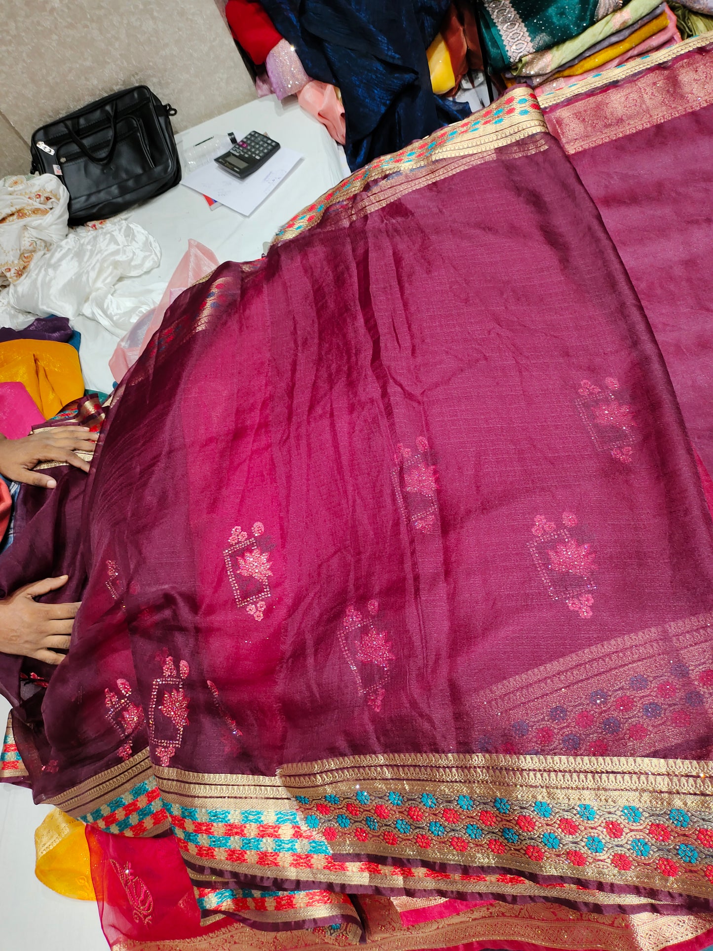 Lovely bandhani print purple maroon golden border saree