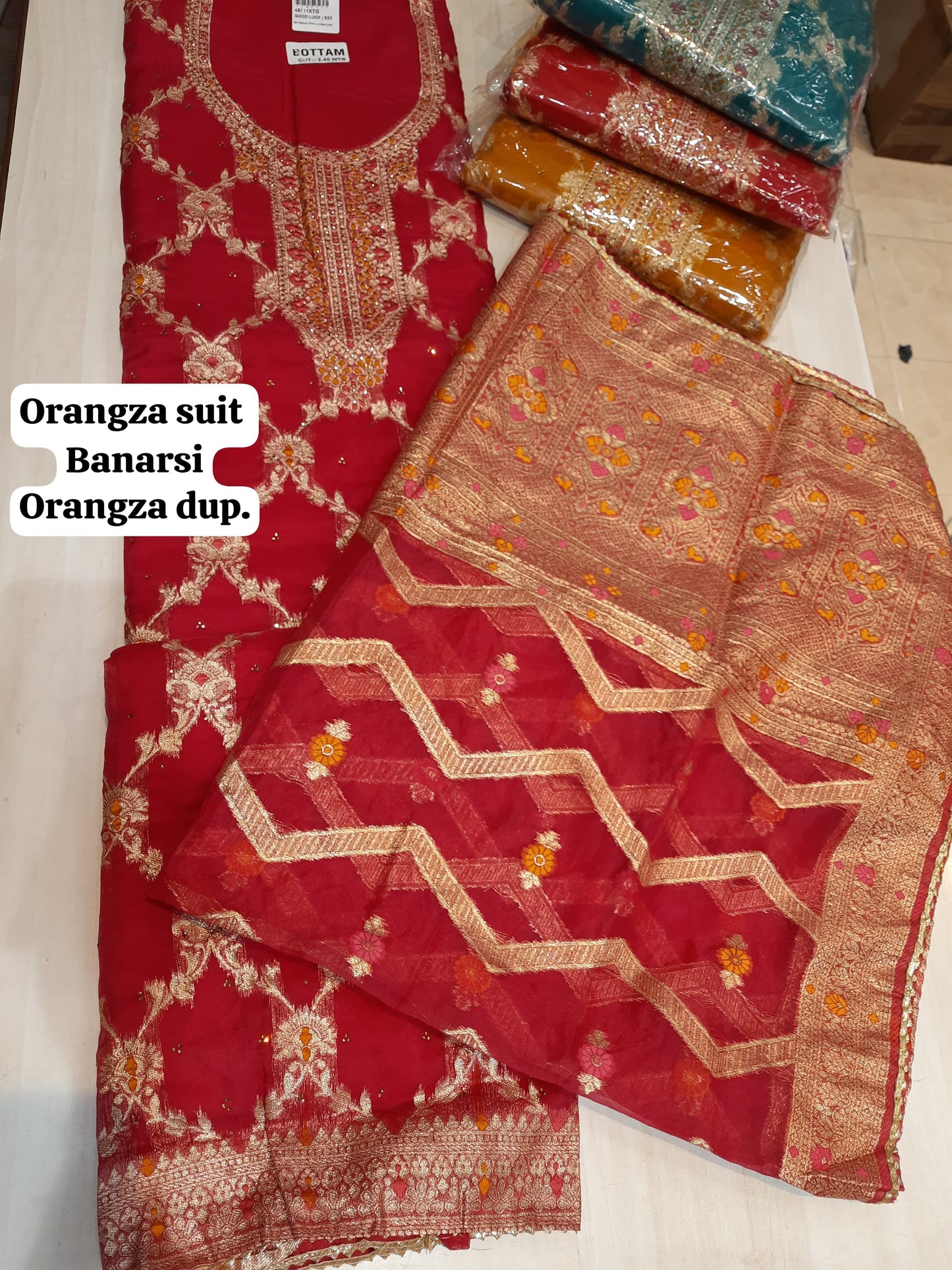 Pretty red organza ladies women's unstitched Salwar suits dress material (free size)