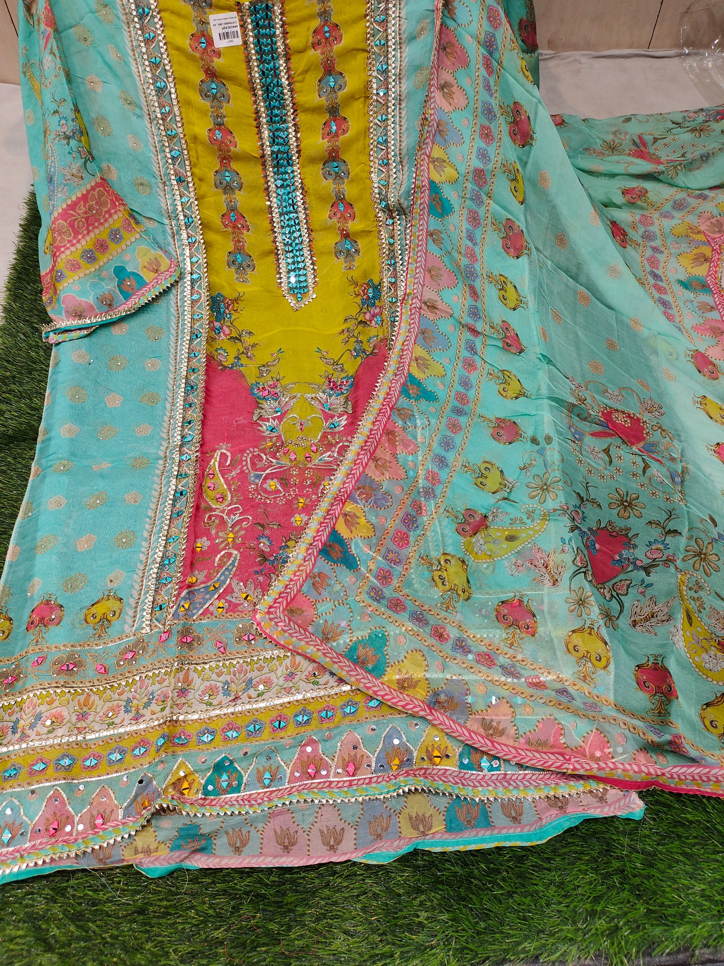 Fantastic multicolour blue Unstitched suit (free size)