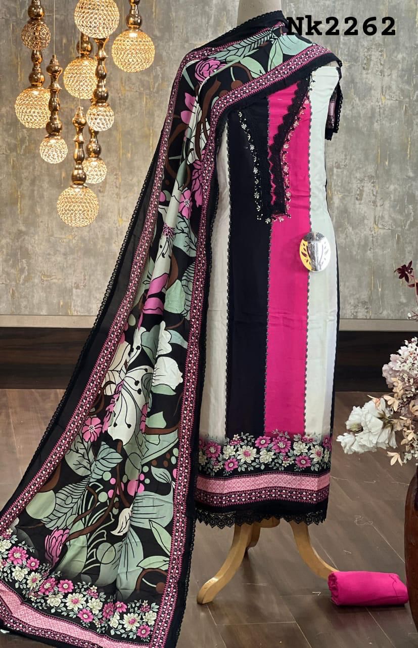 Pretty pink white black Unstitched suit ( free size )