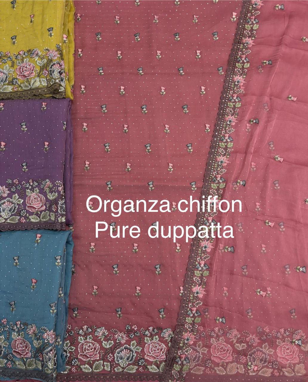 Lovely pink organza chiffon Unstitched suit ( free size )