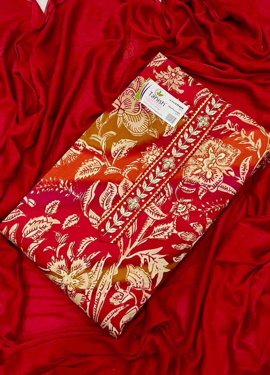 Pleasing red Unstitched suit ( free size )