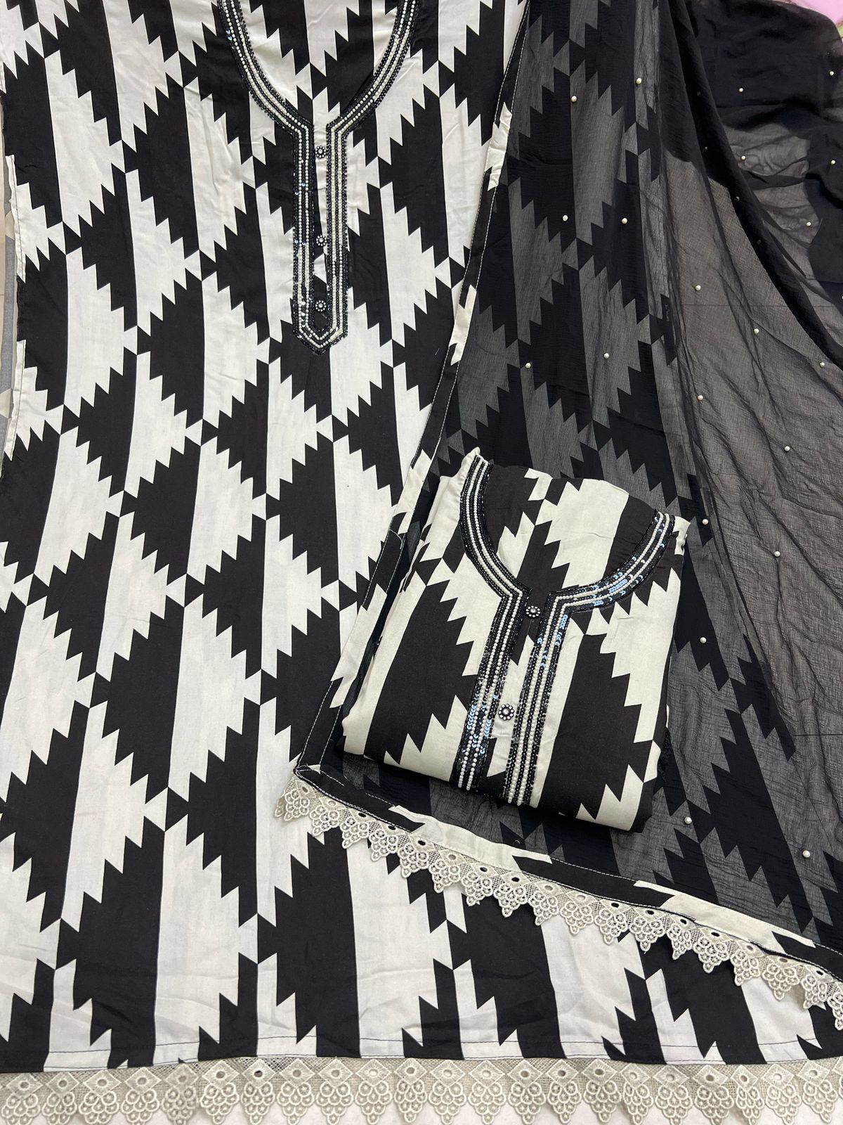 Delightful black white Unstitched suit ( free size )