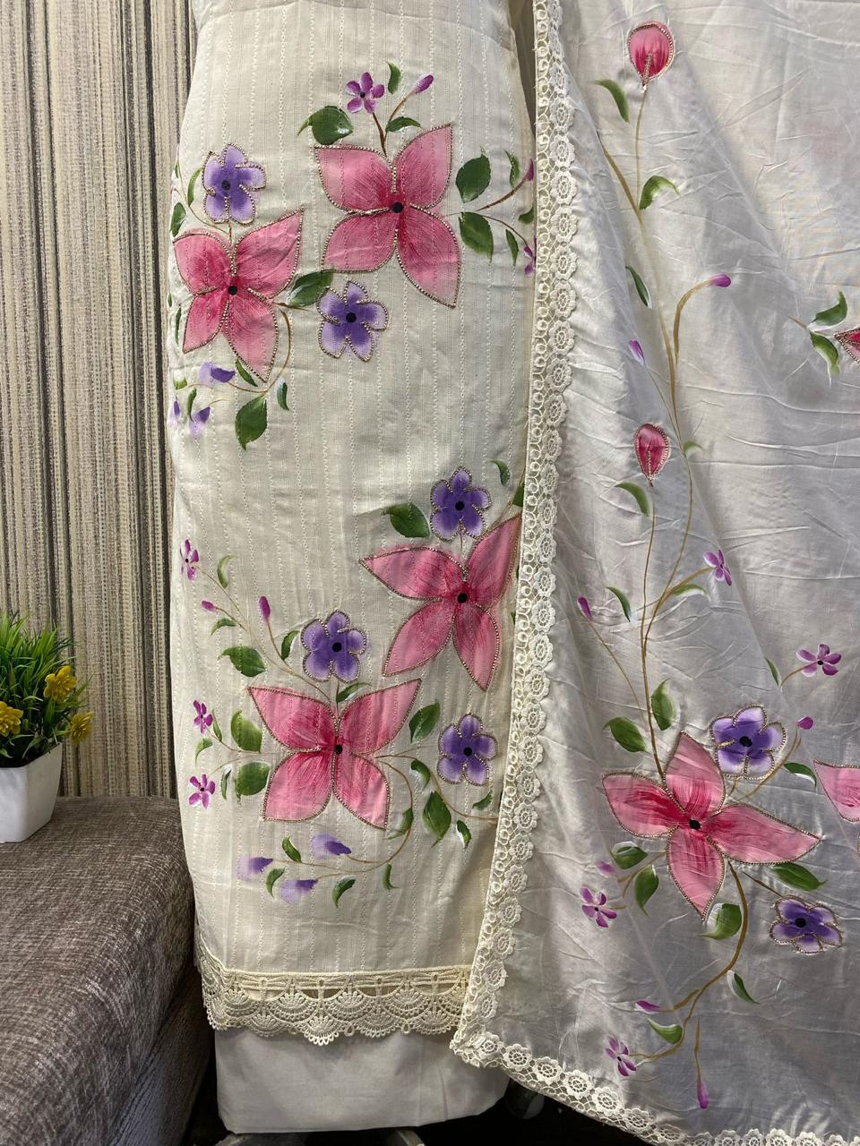 Majestic white pink floral Unstitched suit ( free size )