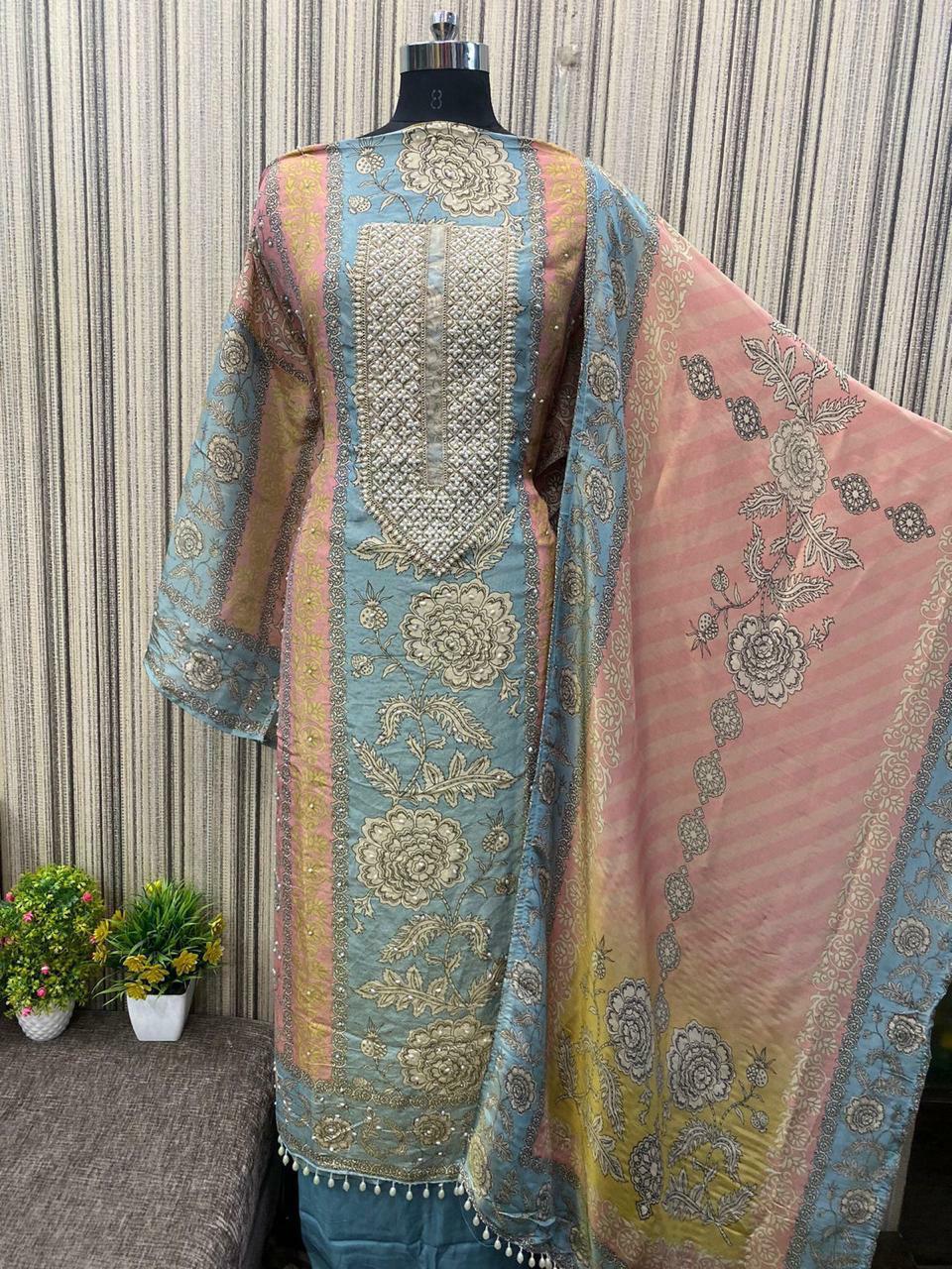 Charming blue pink Unstitched suit ( free size )