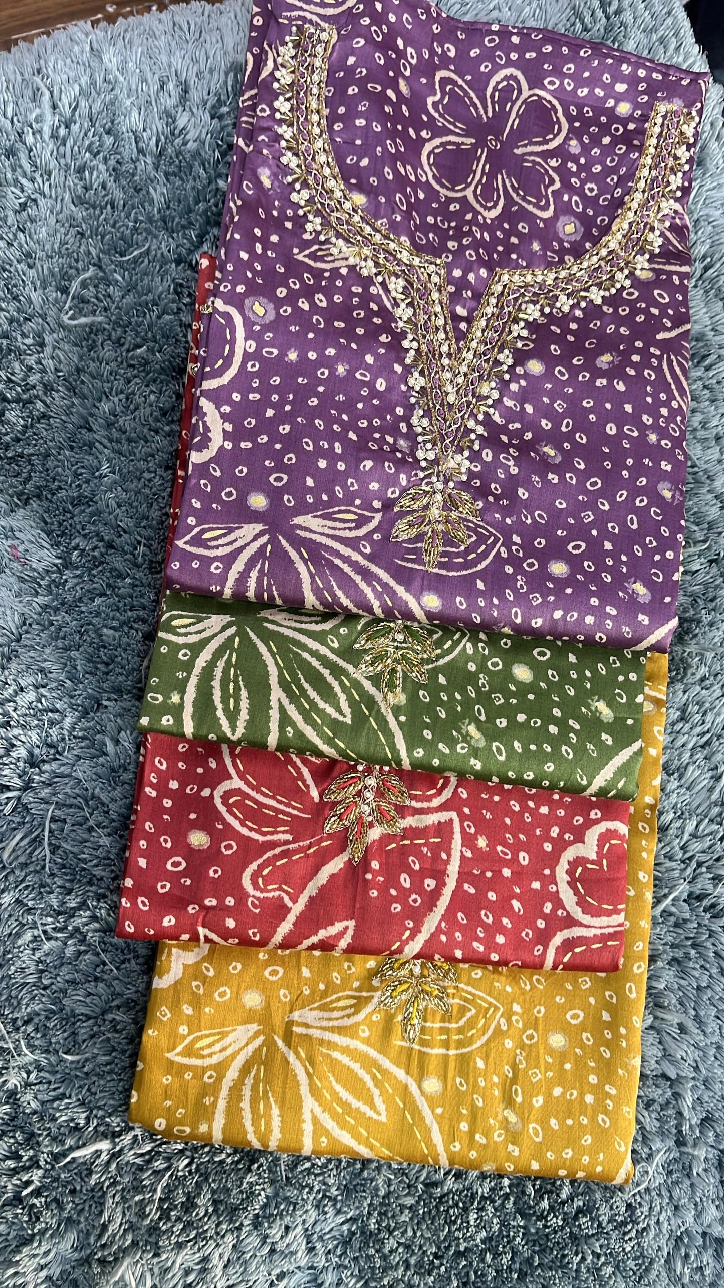 Pretty purple green yellow peach Unstitched suit ( free size )