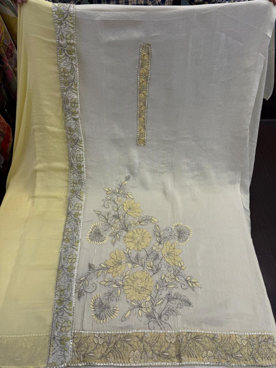 Fabulous white yellow Unstitched suit ( free size )