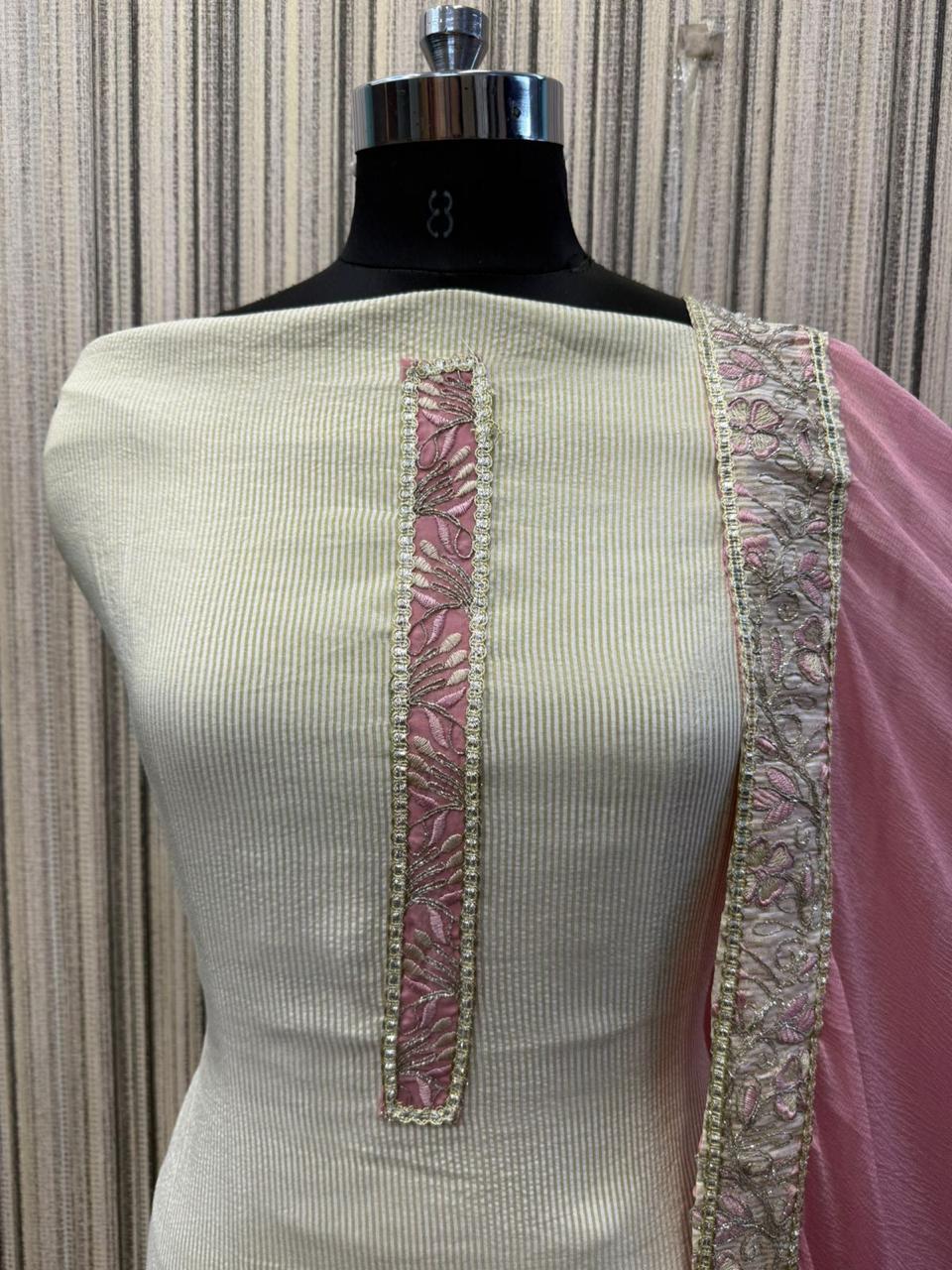 Fantastic white pink Unstitched suit ( free size )
