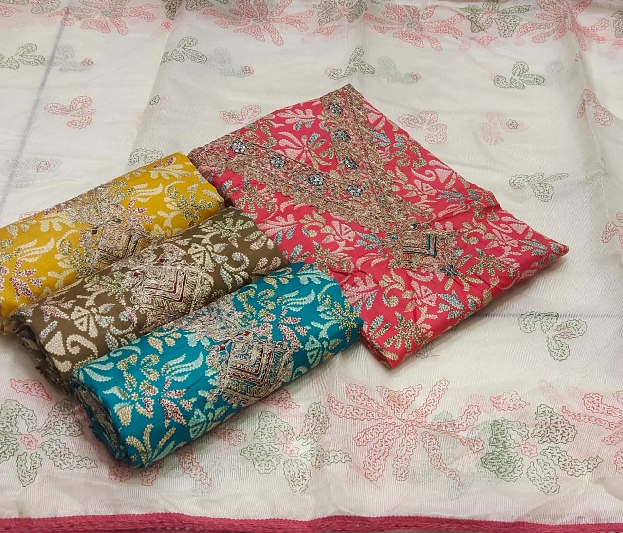 Eye catching white pink Unstitched suit ( free size )