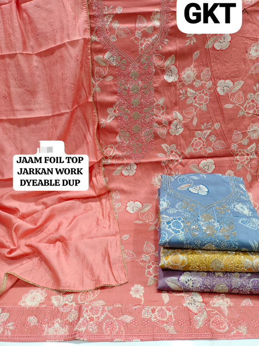 Pretty peach jam foil Unstitched suit ( free size )