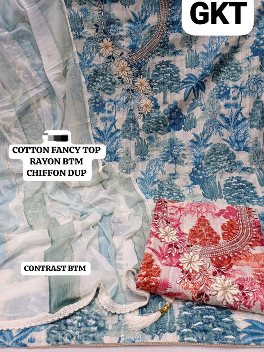 Designer cotton blue Unstitched suit ( free size )