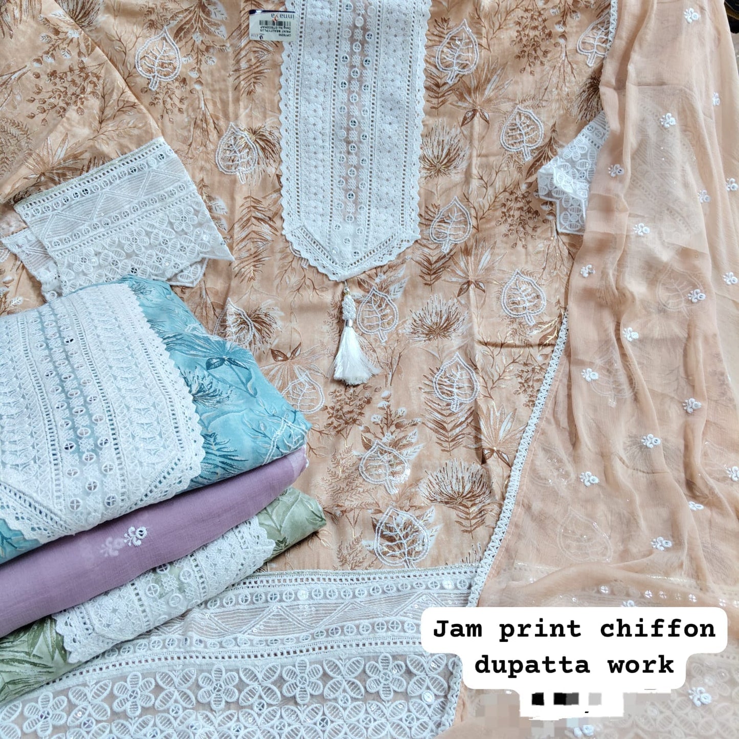 Peach jam print shiffon duptta semi Stitched Fancy Salwar suit (free size)