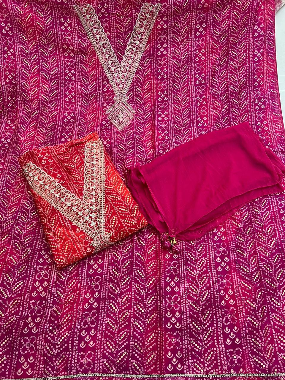 गुलाबी अर्द्ध सिले फैंसी सलवार सूट (फ्री साइज)