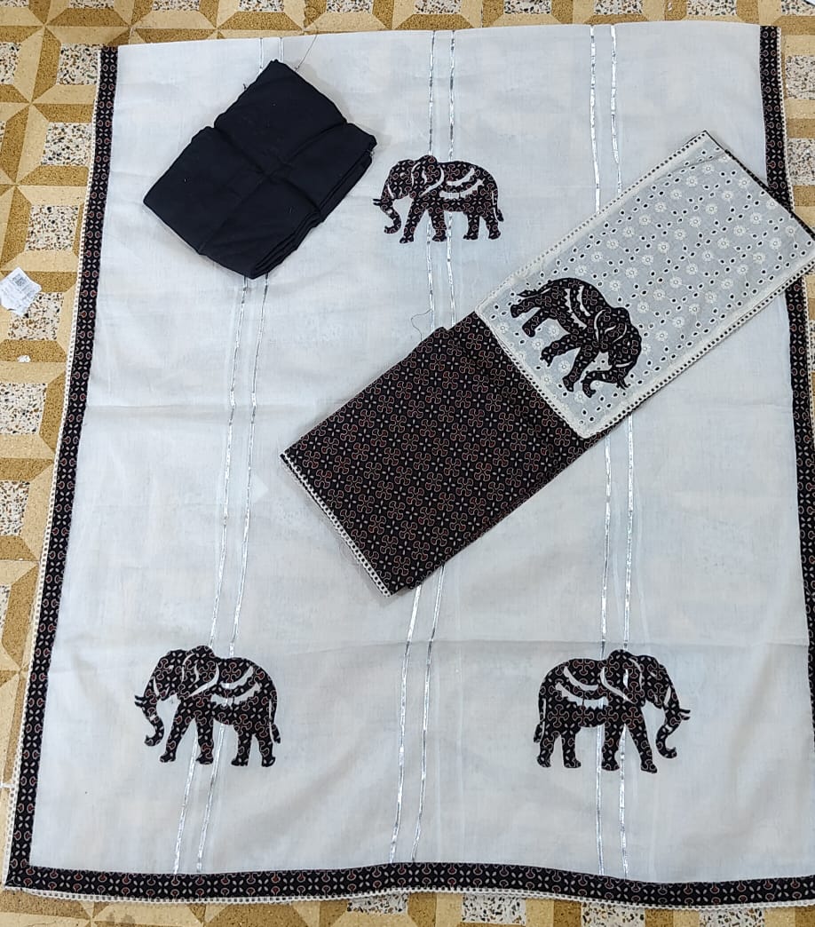 Attractive mustard white elephant print Stitched Fancy Salwar suit (free size)