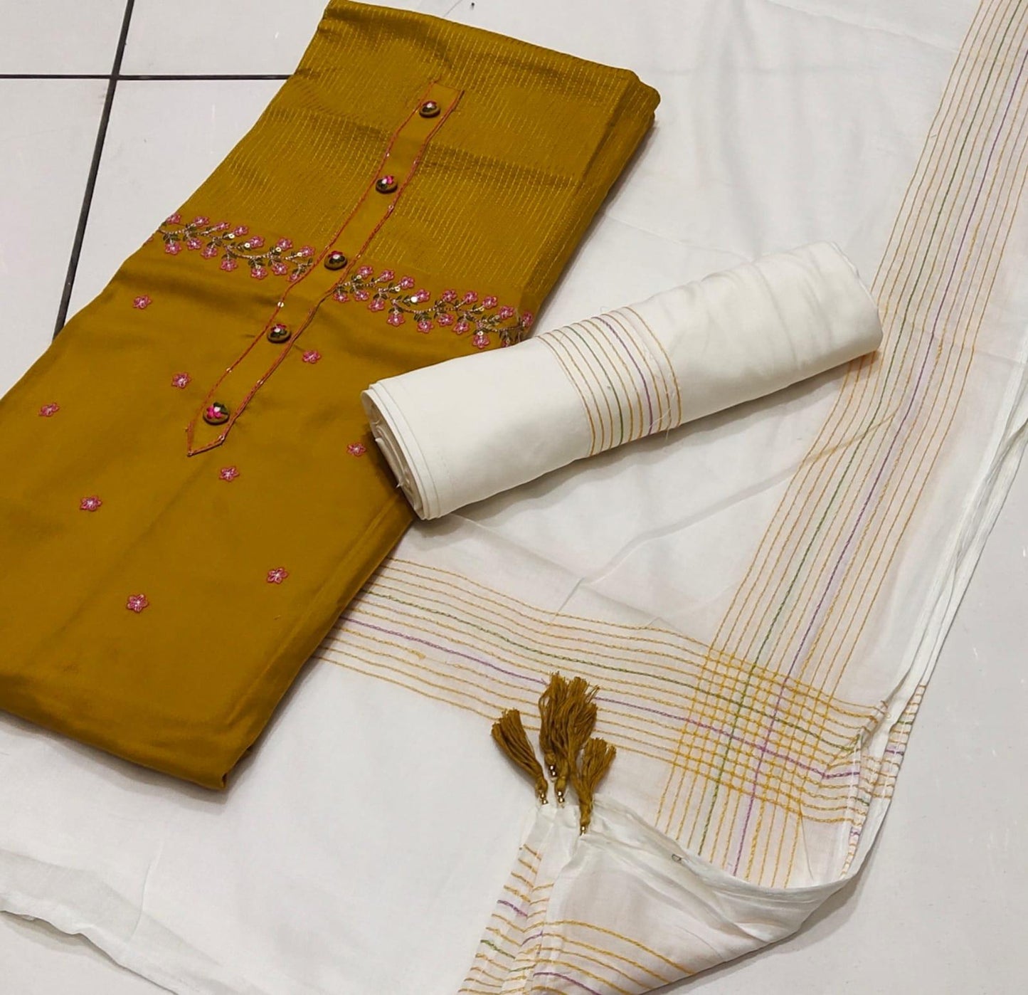 Khoobsurat mustard white Stitched Fancy Salwar suit (free size)