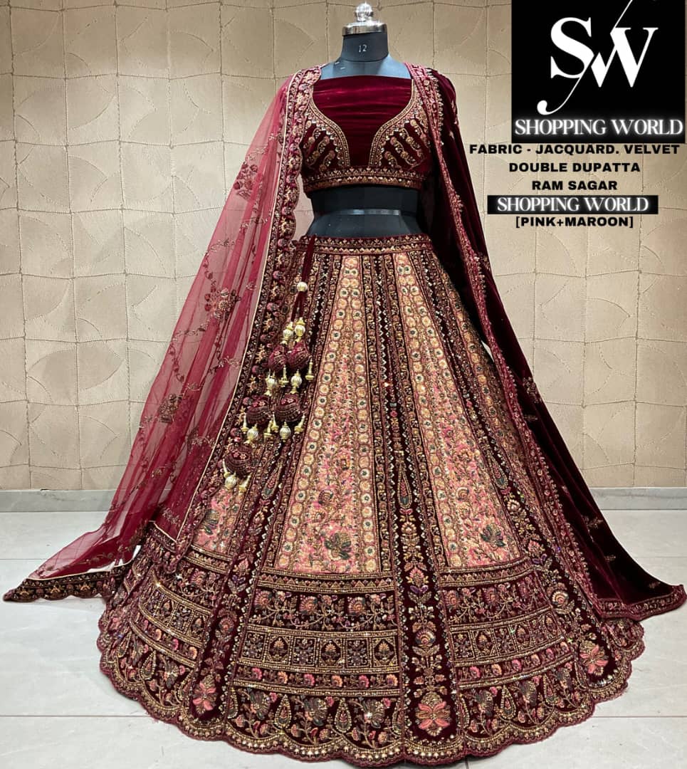Delightful Velvet jacquard pink maroon Double dupatta Bridal Lehenga