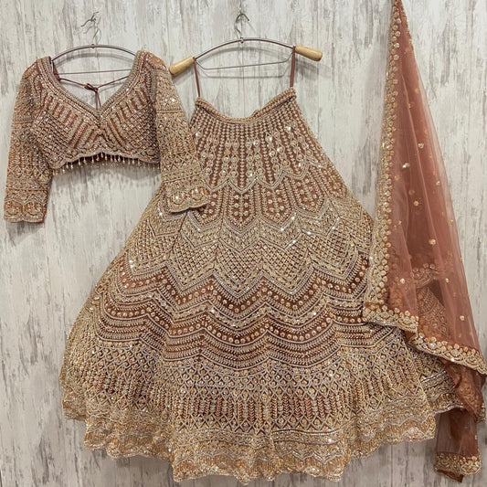 Engaging golden rust peach mirror work crop top Lehenga