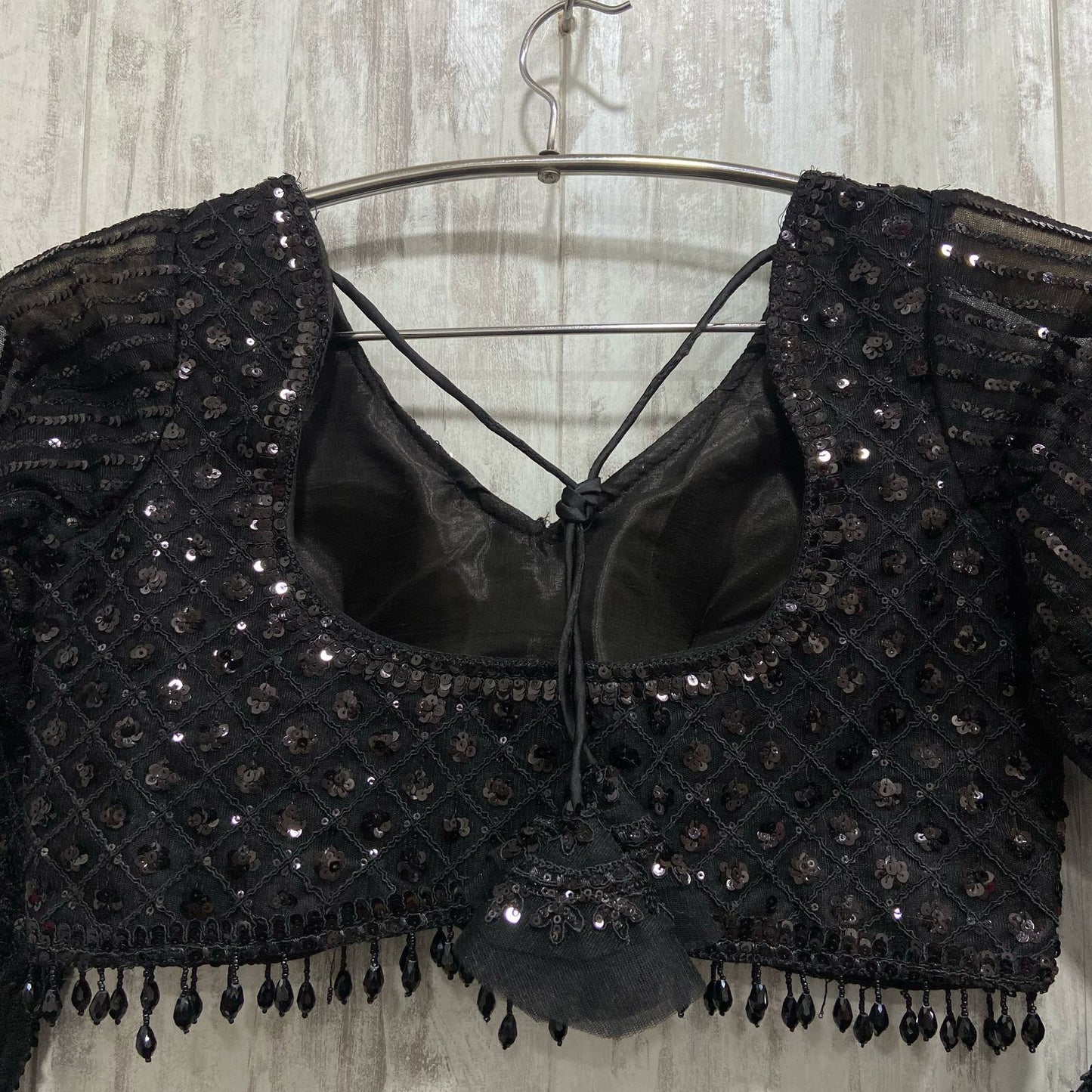 Stunning Z Black on black monotone mirror work sequence crop top Lehenga