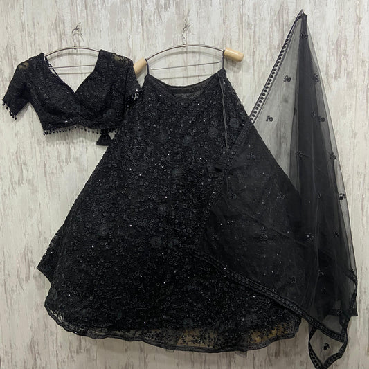 Stunning floral Black on black monotone mirror work crop top Lehenga