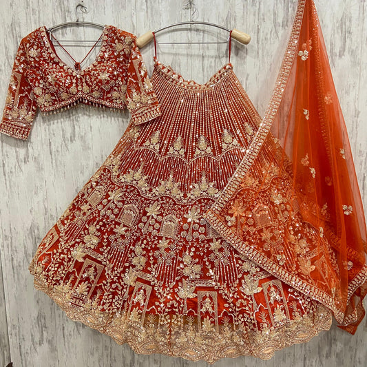 16 kali Heavy work Majestic orange crop top Lehenga