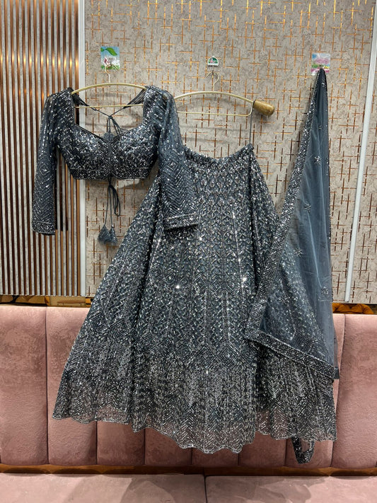 Eye catching grey sliver blue crop top Lehenga