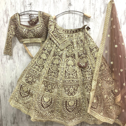 Glamorous golden beige crop top Lehenga