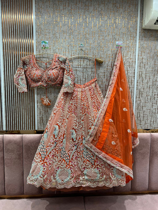 Charming orange peacock crop top Lehenga