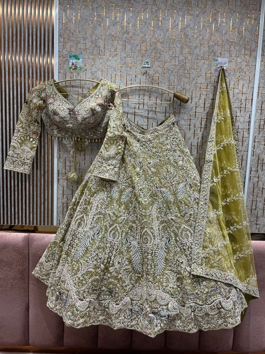 Khoobsurat mustard peacock crop top Lehenga