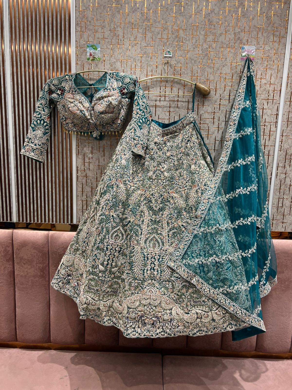 Beautiful light peach peacock crop top Lehenga