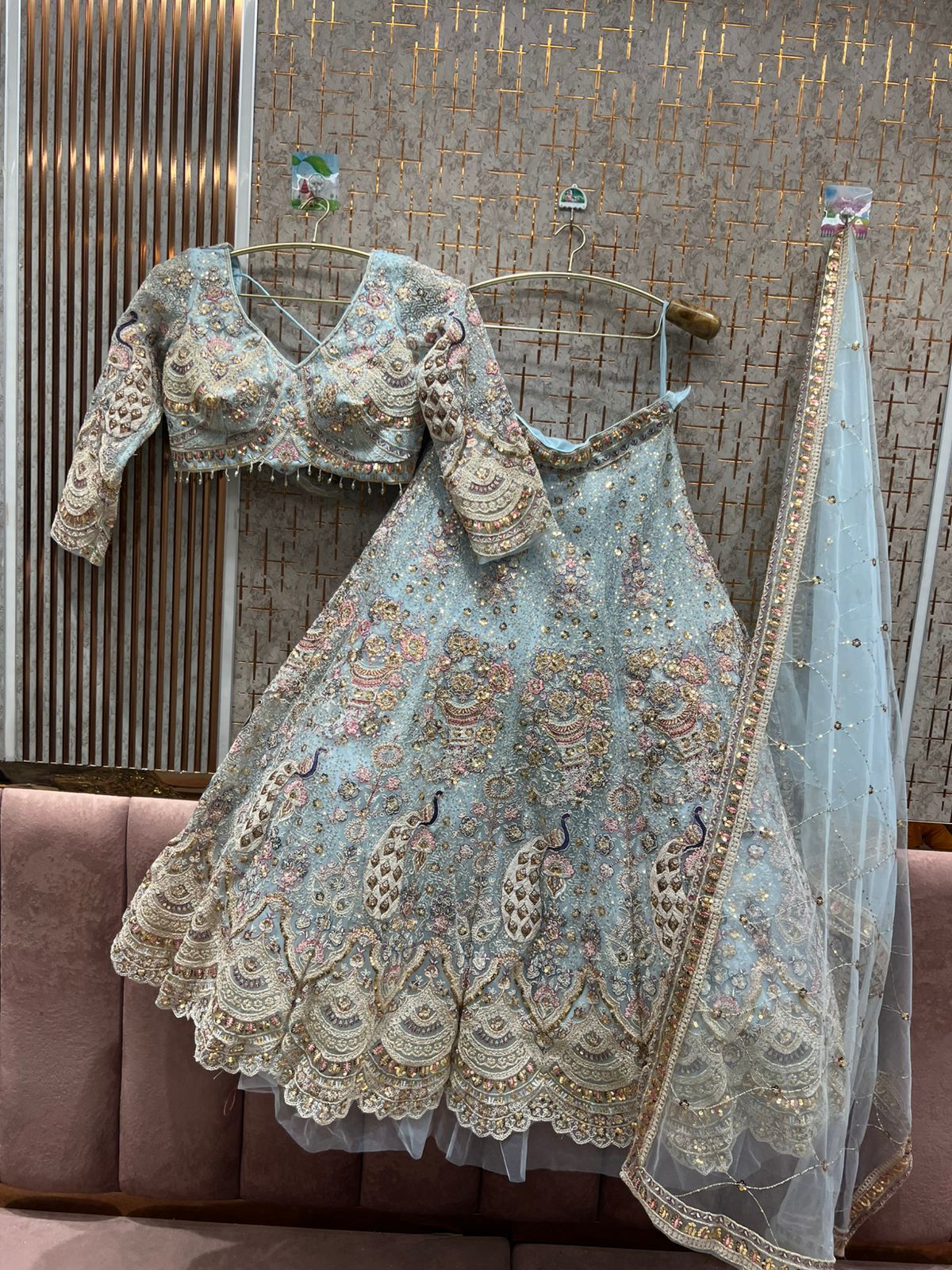 Elegant golden beige crop top Lehenga