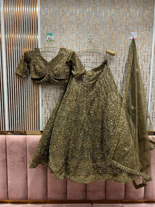 Astonishing golden on golden monotone crop top Lehenga