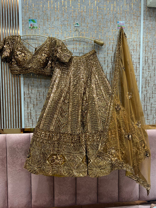 Delightful mustard golden on golden monotone crop top Lehenga