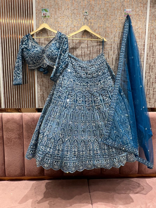 Blue embroidered readymade lehenga crop top lehenga with dupatta and blouse