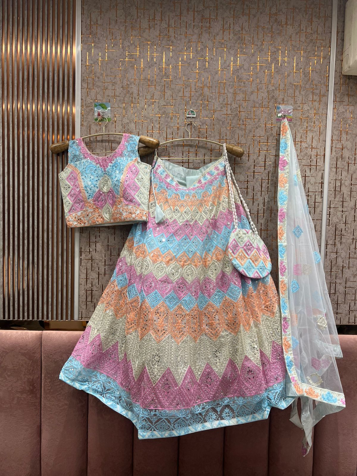 Attractive Multicolour pink Crop top Lehenga