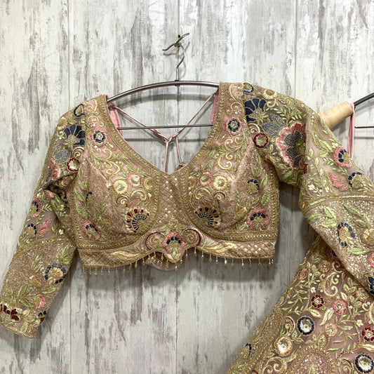 Beautiful floral pink beige crop top Lehenga