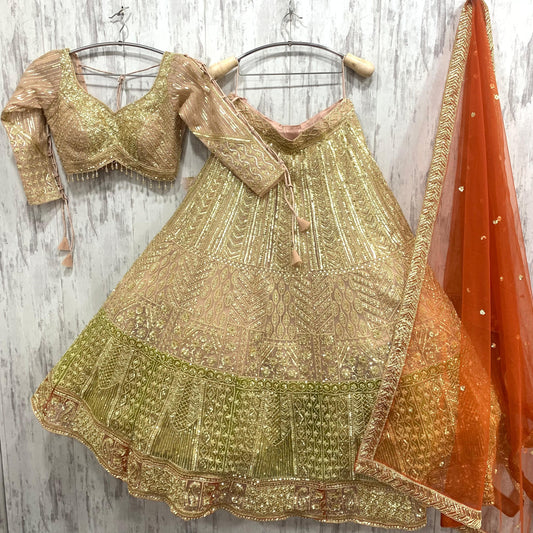 Pretty golden peach green red crop top Lehenga