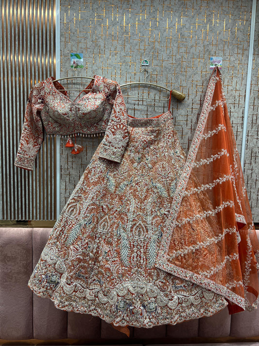 Elegant peacock orange crop top Lehenga