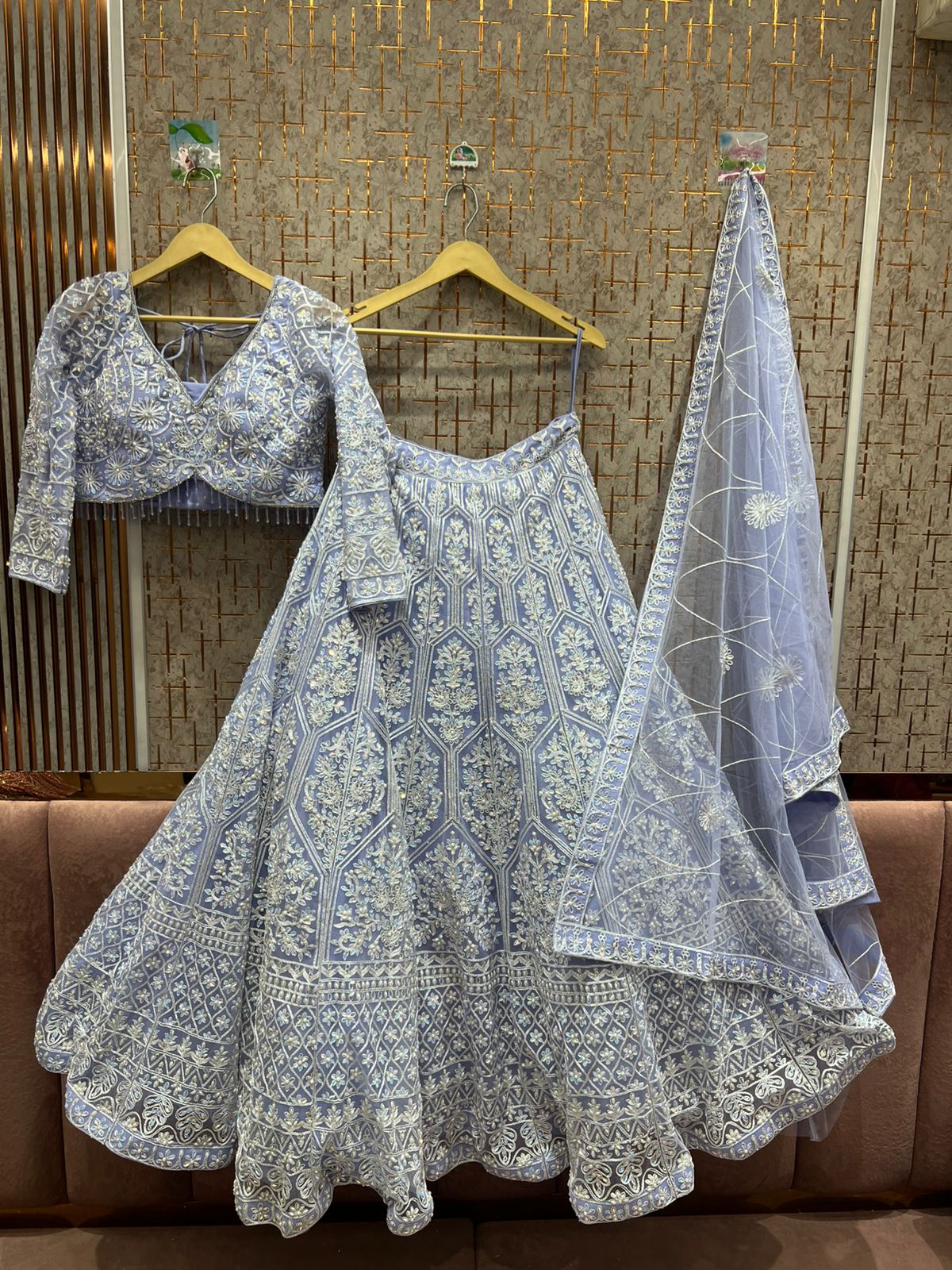 Embellished light pink crop top Lehenga