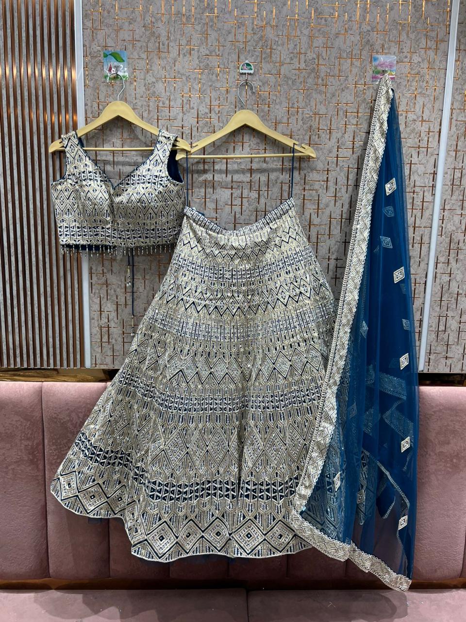 Lovely Silver work blue crop top Lehenga