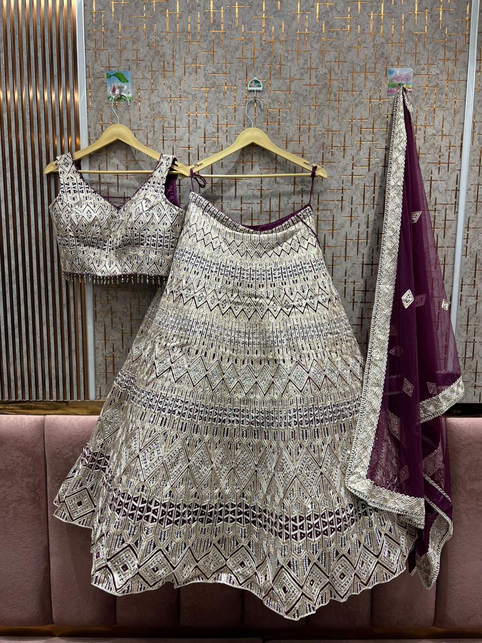 Tremendous golden silver work purple Crop top Lehenga