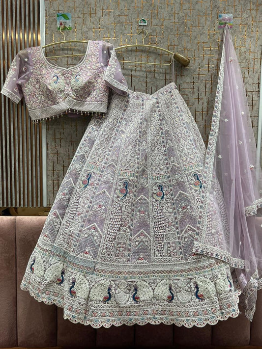 Embellished sky blue peacock crop top Lehenga